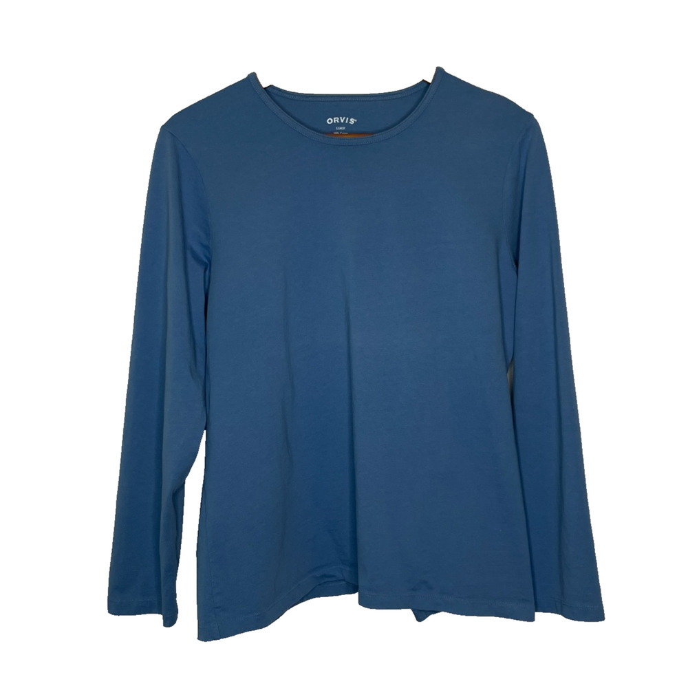 Women's Large Orvis Blue 100% Cotton Long Sleeve Crewneck Tee